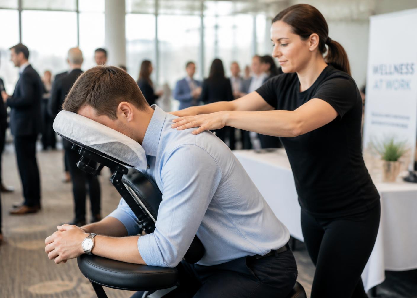 Seated chair massage being given to a guest at an event