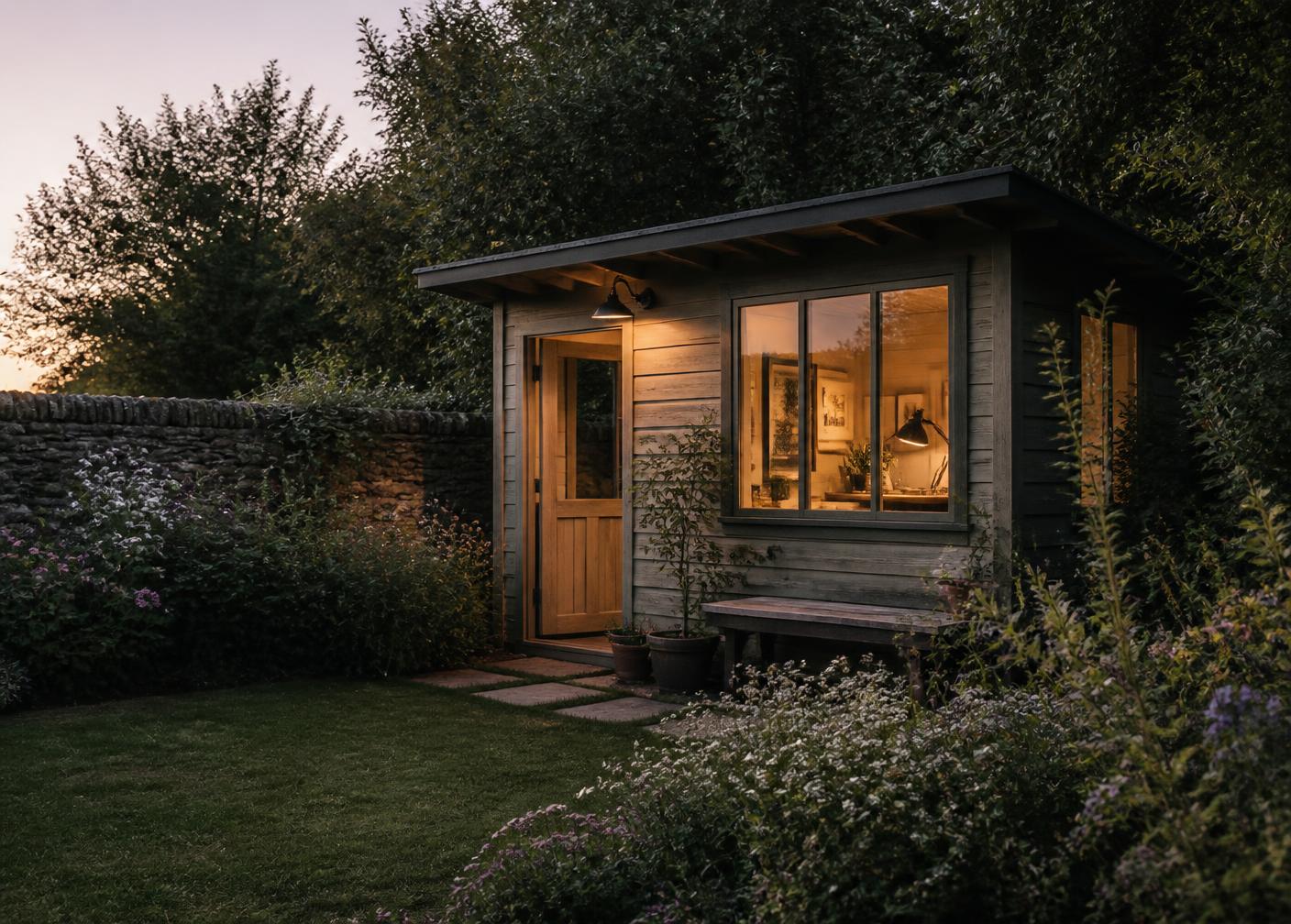 The garden studio at dusk with warm light in the window