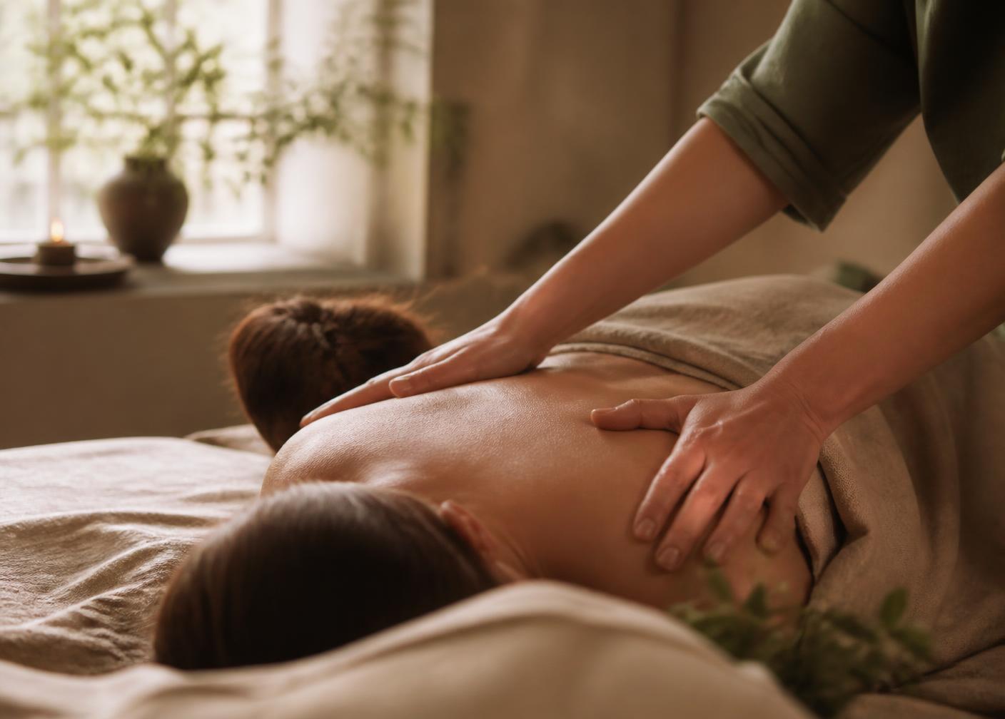 A relaxing back massage being given in a softly lit therapy room