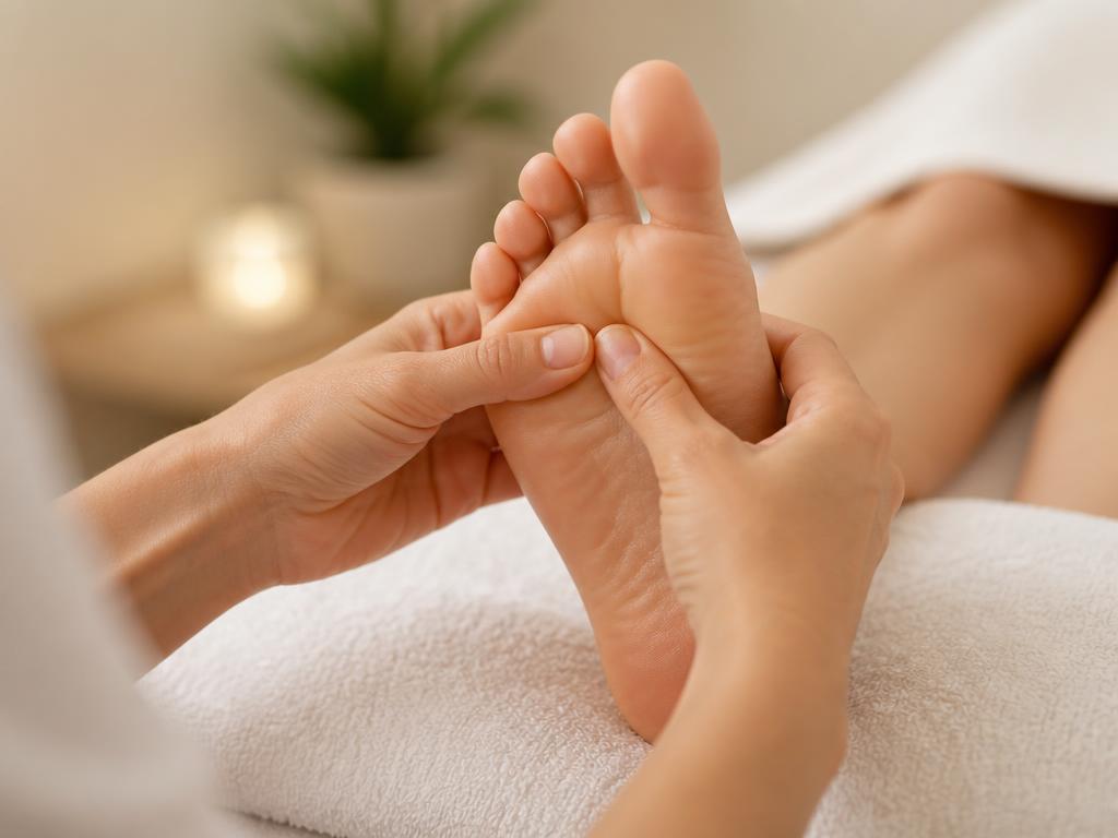 Reflexology pressure applied to the sole of a foot
