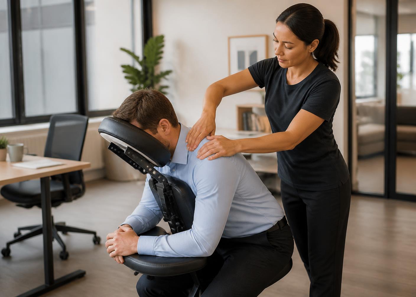 Employee receiving a seated chair massage at their workplace